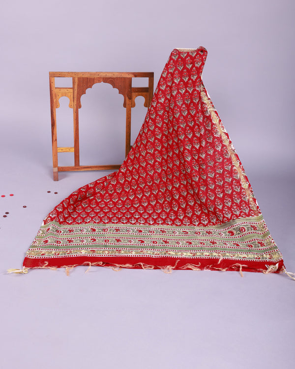 RED CHAKORI STRAIGHT UNSTITCHED CHANDERI DUPATTA SUIT SET