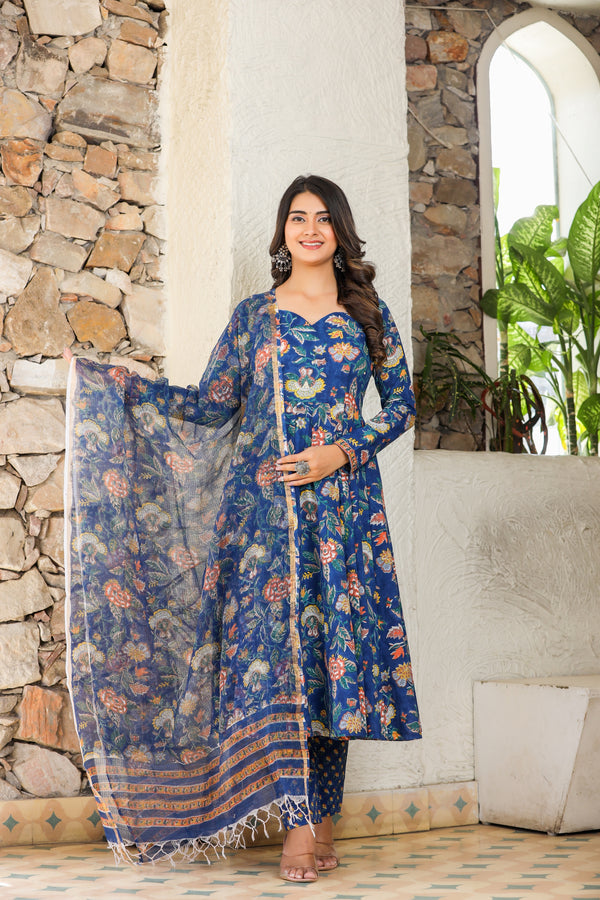 Blue Sapphire Gher Handblock Kotadoria Dupatta Suit Set (Plus Size)