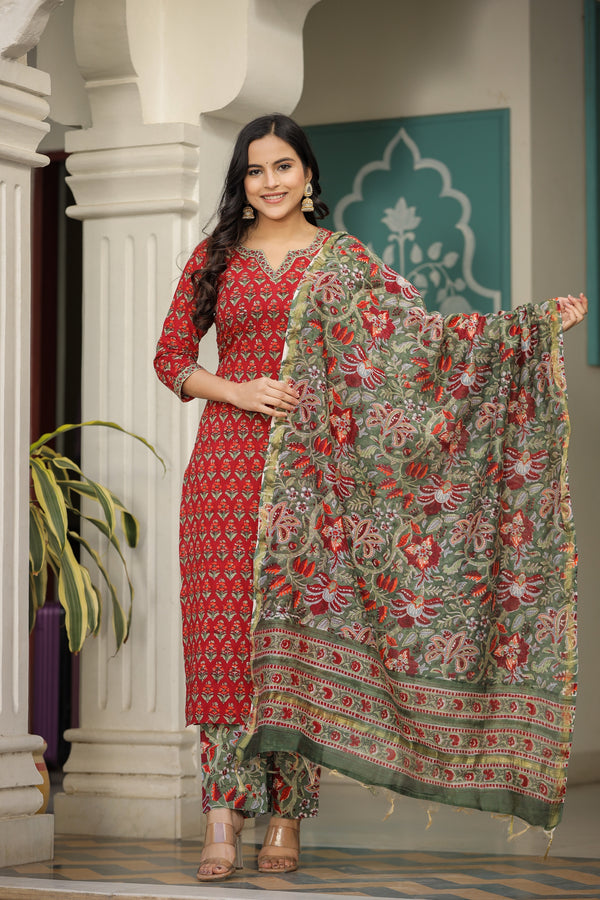 Red Chakori Straight Chanderi Dupatta Suit Set (Plus Size)