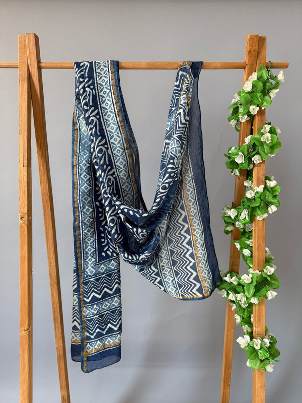 Warli Indigo Handblock Printed Chanderi Dupatta