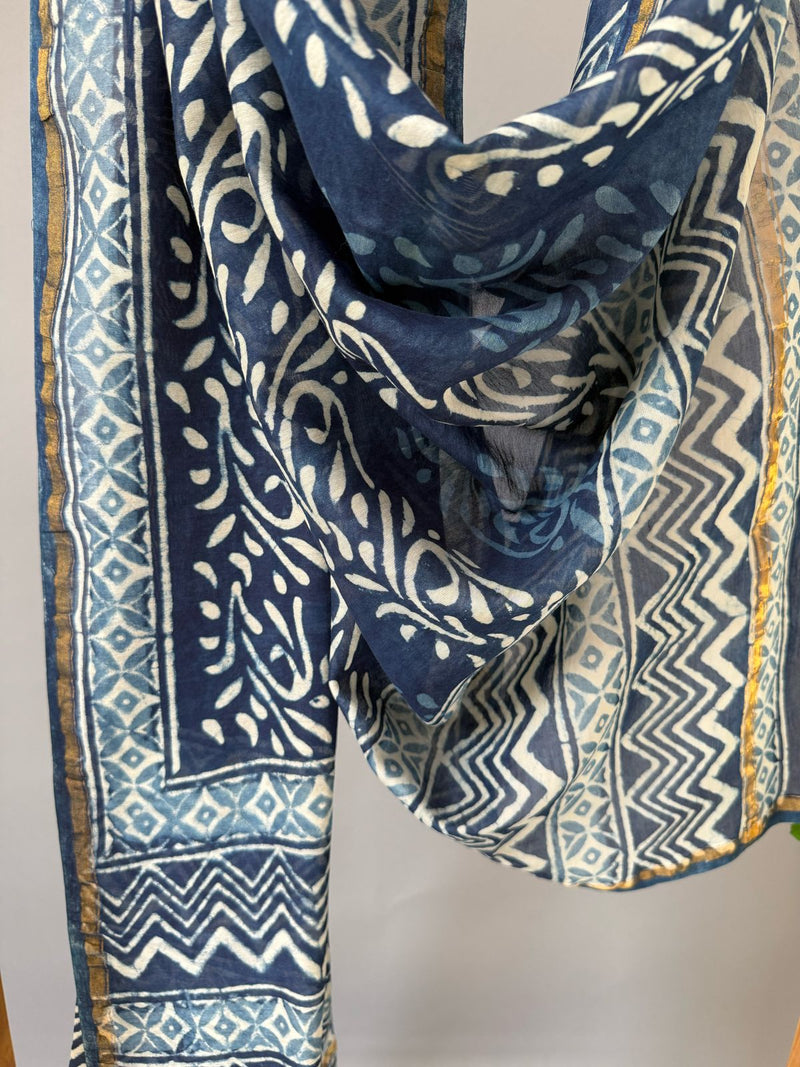 Warli Indigo Handblock Printed Chanderi Dupatta