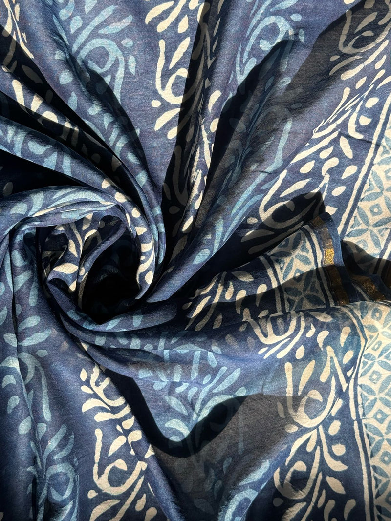 Warli Indigo Handblock Printed Chanderi Dupatta