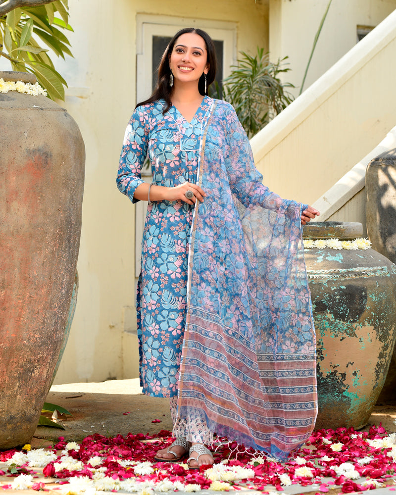 Badra Blue Floral Cotton Suit Set (Plus Size)