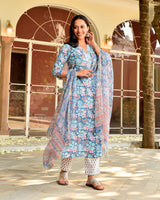 Banni Blue Cotton Straight Suit Set (Plus Size)