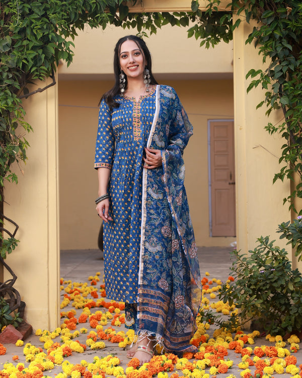 Badrah Blue Handblock Cotton Pleated Straight Suit Set (Plus Size)