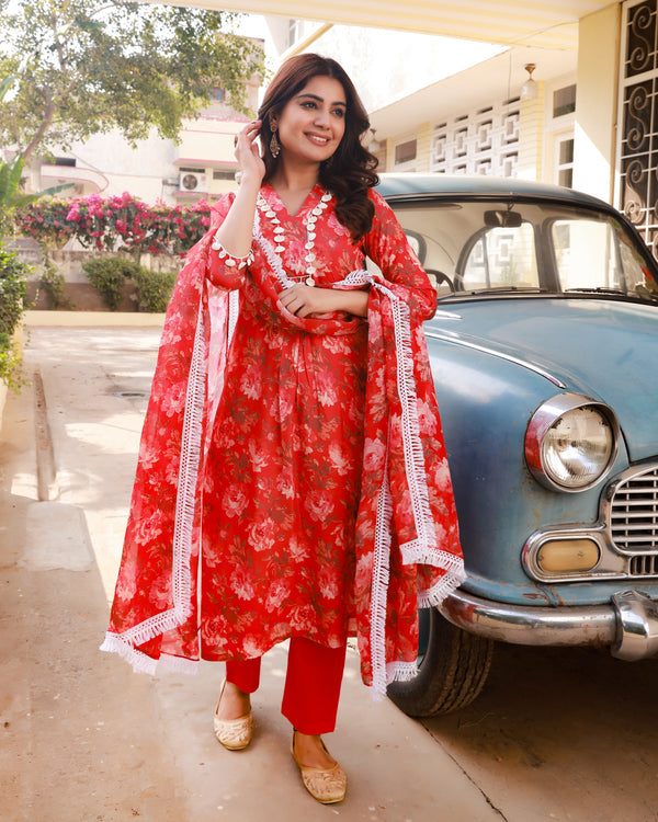 Ramya Red Floral Straight Fit Suit Set (Plus Size)