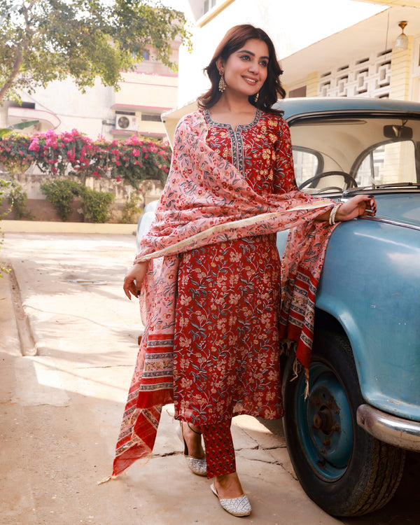 Rachida Red Embroidery Handblock Chanderi Suit Set(Plus Size)