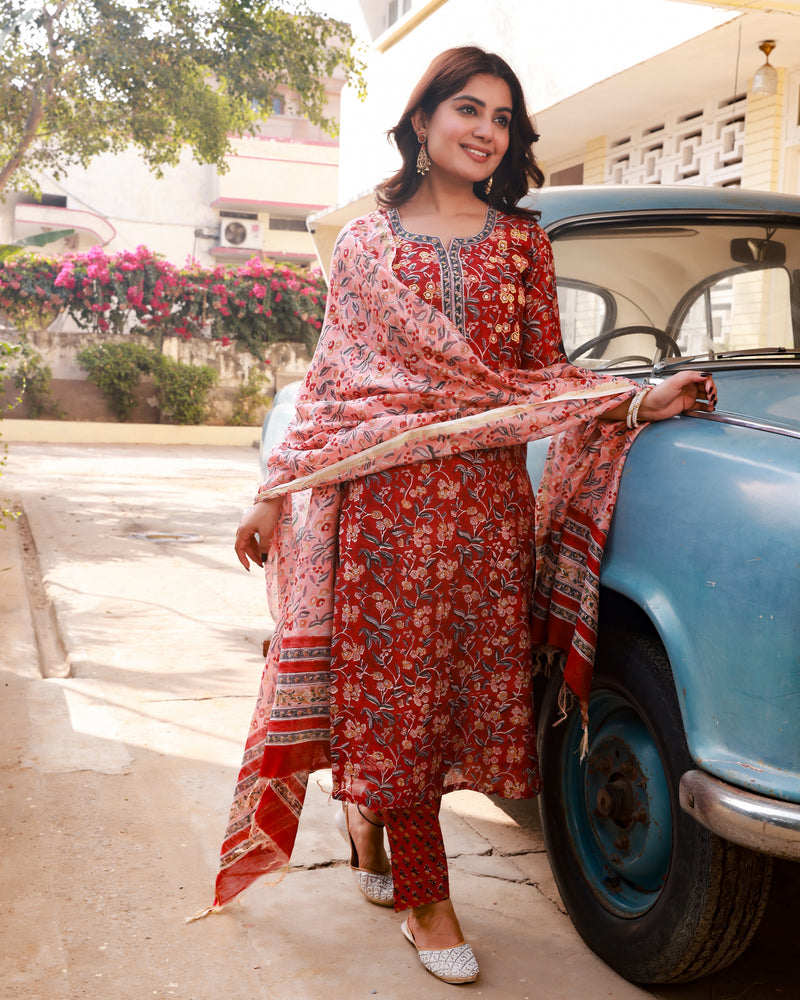 Rachida Red Embroidery Handblock Chanderi Suit Set(Plus Size)