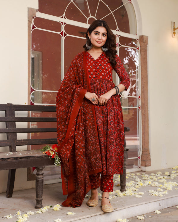 Mehreen Maroon Anarkali Cotton Suit Set (Plus Size)