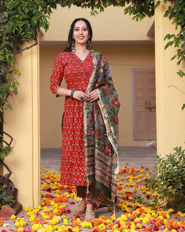 Razia Red Handblock Cotton Pleated Straight Suit Set (Plus Size)