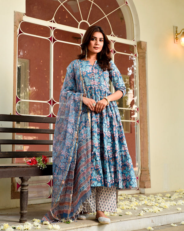 Begu Blue Floral Anarkali Suit Set (Plus Size)