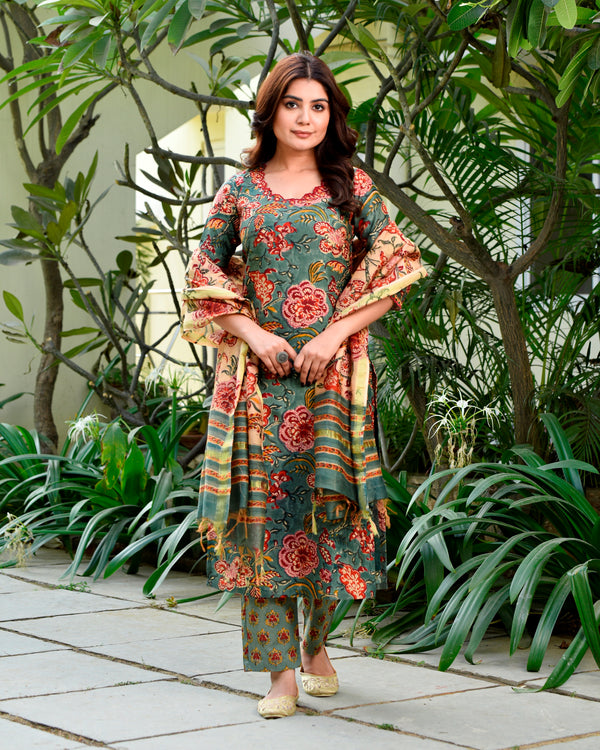 Gaeti Green Embroidery Handblock Chanderi Suit Set( Plus Size)