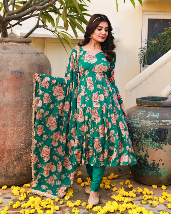 Gauri Green Embroidered Anarkali Suit Set (Plus Size)