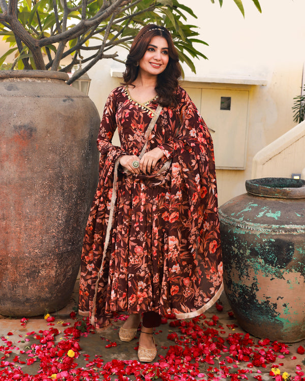 Bahni Brown Floral Print Angrakha Neck Anarkali Suit Set (Plus Size)