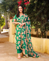 Gehna Green Floral Straight Suit Set (Plus size)