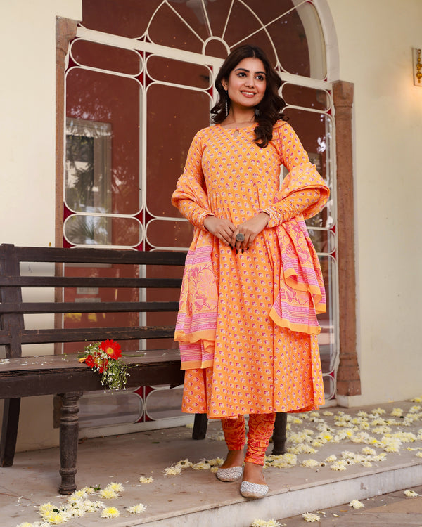 Omani Orange Cotton Anarkali Suit Set (Plus Size)