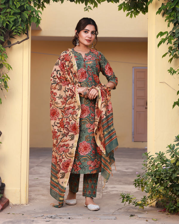 Goel Green Handblock Pintuck Straight Chanderi Suit Set (Plus Size)