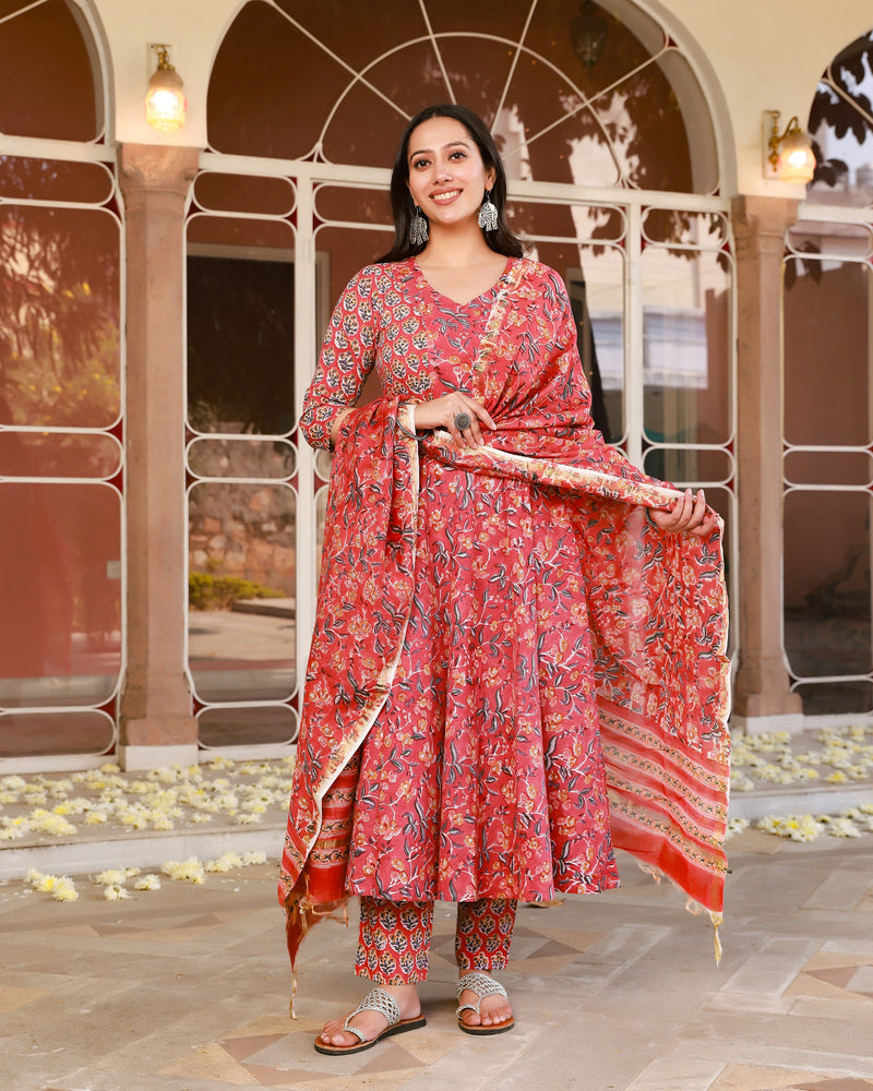 RASHIDA RED COTTON ANARKALI UNSTITCHED  SUIT SET