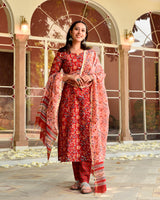 Roze Red Handblock Chanderi Straight Suit Set (Plus Size)