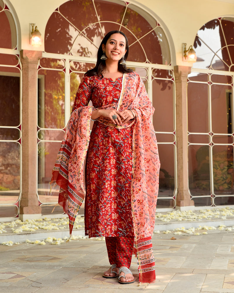 Roze Red Handblock Chanderi Straight Suit Set (Plus Size)