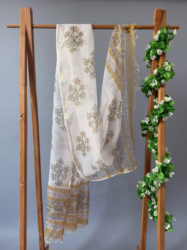 Sunflower White Green Handblock Printed Kota Doria Dupatta