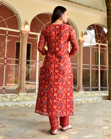 Roze Red Handblock Chanderi Straight Suit Set (Plus Size)