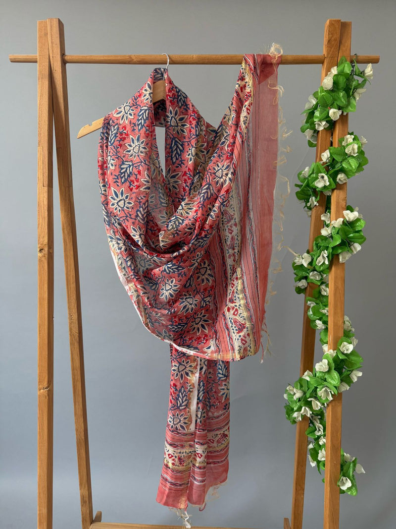 Pankh Peach Handblock Printed Chanderi Dupatta