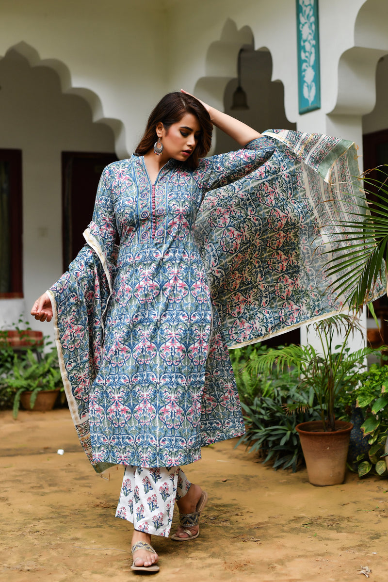 Blue Symphony Chanderi Handblock Suit Set (Plus Size)