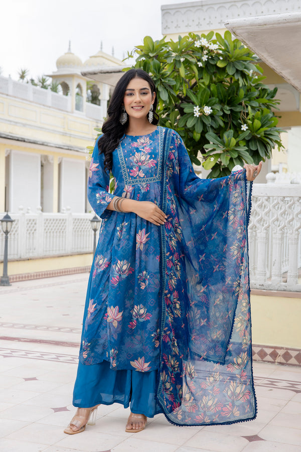 Sapphire Floral A-line Silk Suit Set