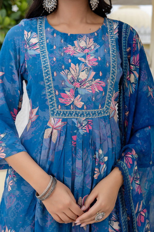 Sapphire Floral A-line Silk Suit Set