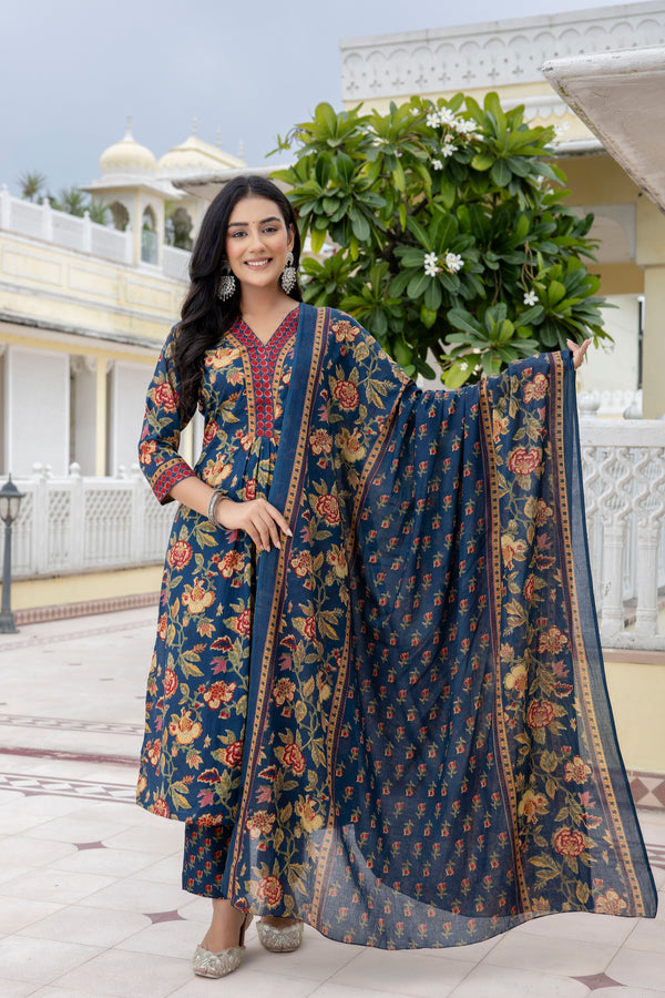 Trishala Blue Floral Print Suit Set (Plus Size)