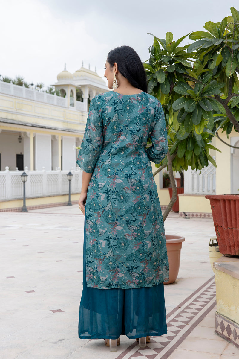 Sapphire Floral A-line Silk Suit Set