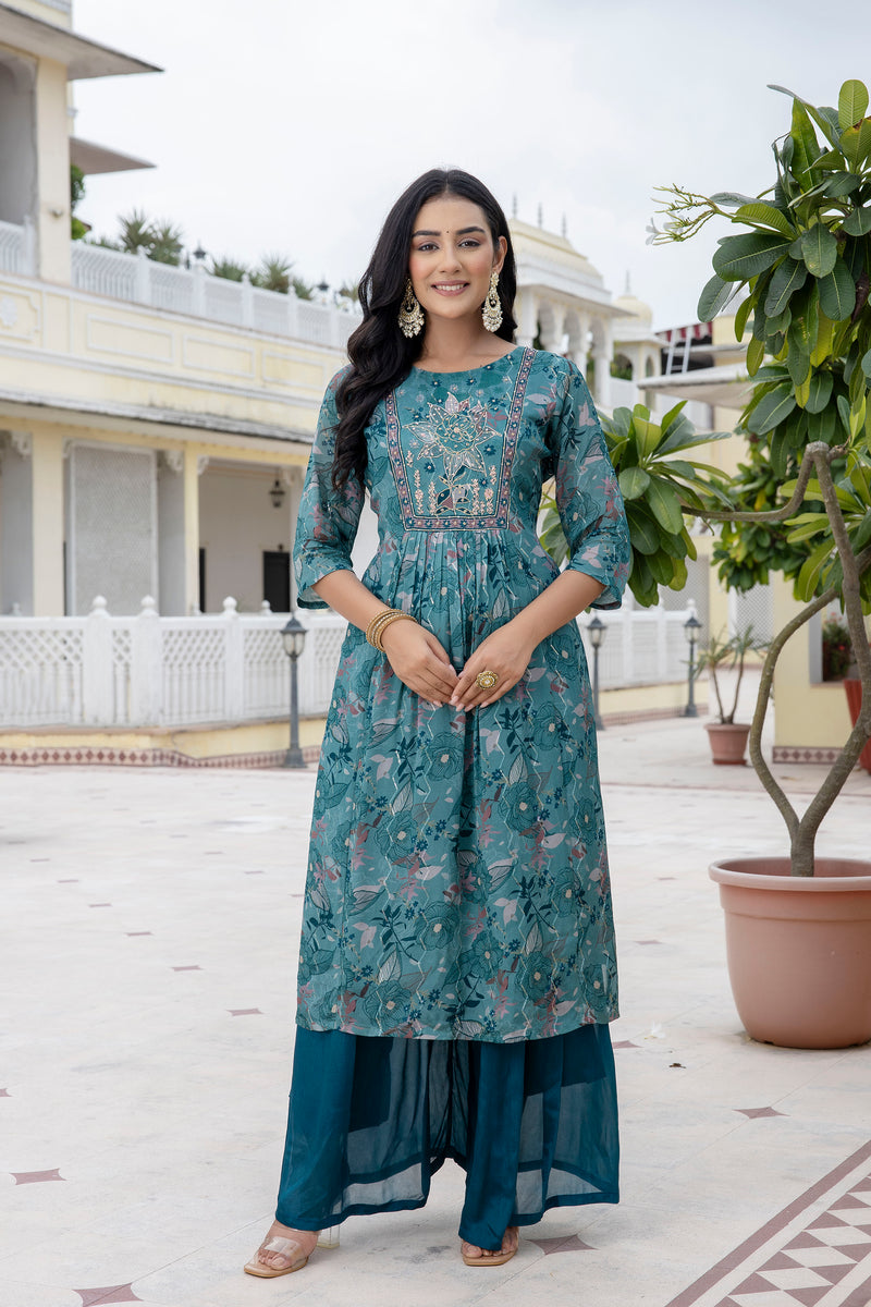 Sapphire Floral A-line Silk Suit Set