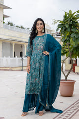 Sapphire Floral A-line Silk Suit Set