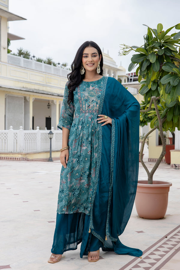 Ruby Floral A-line Silk Suit set