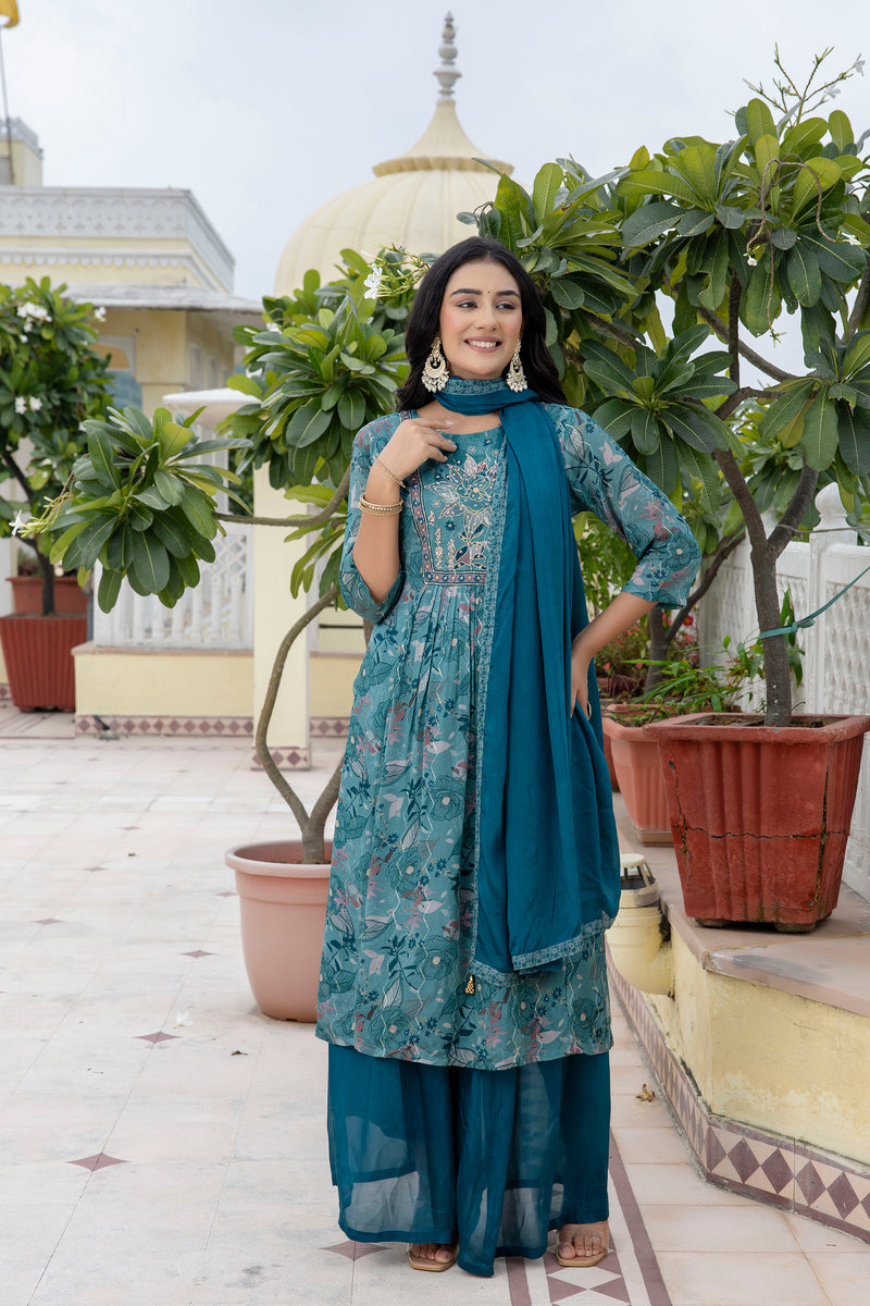 Sapphire Floral A-line Silk Suit Set