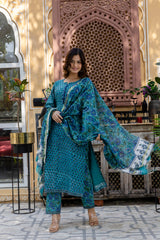 Suhana Green Embroidered Chanderi Handblock Printed Suit Set