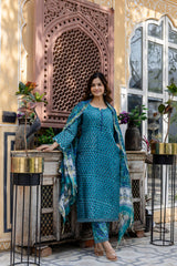 Suhana Green Embroidered Chanderi Handblock Printed Suit Set