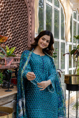 Suhana Green Embroidered Chanderi Handblock Printed Suit Set