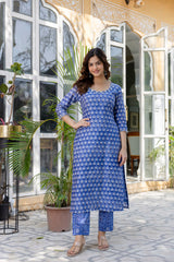 Rose Blue Embroidered Chanderi Handblock Printed Suit Set