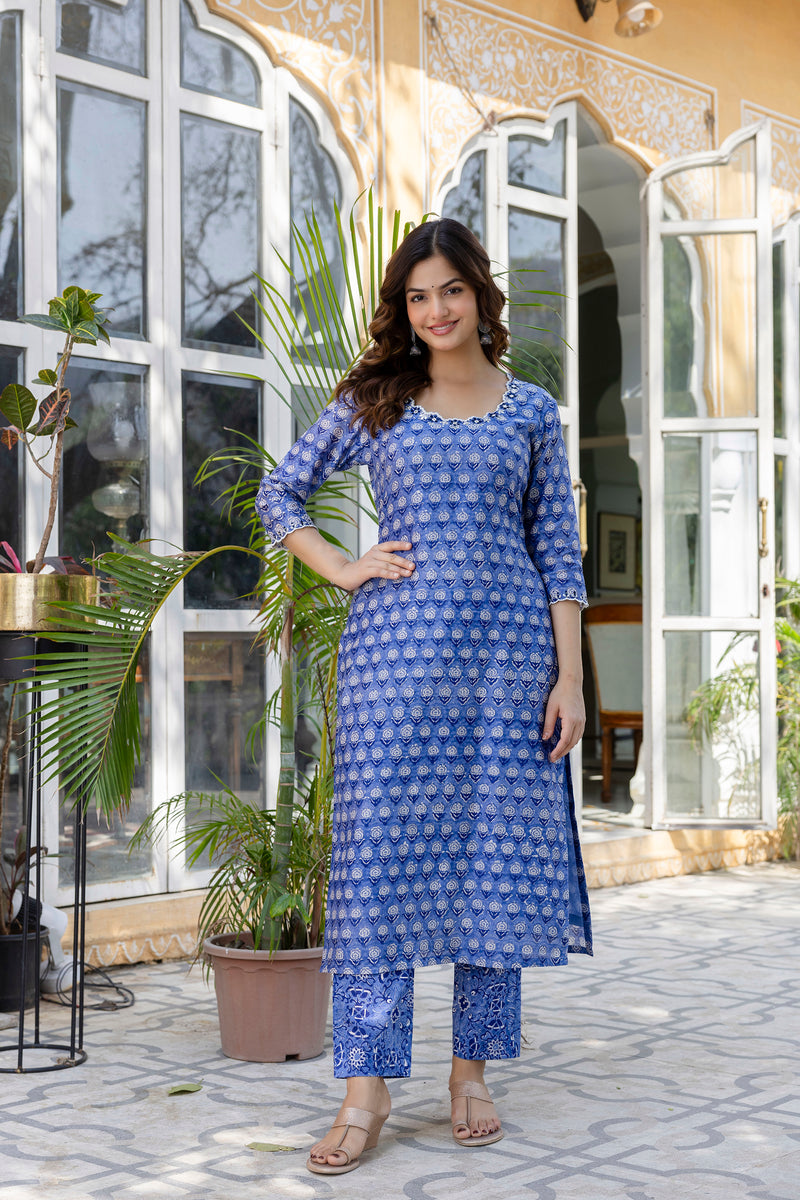 Rose Blue Embroidered Chanderi Handblock Printed Suit Set