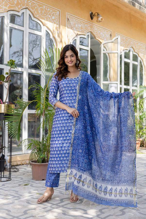 Rose Blue Embroidered Chanderi Handblock Printed Suit Set