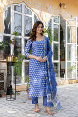 Rose Blue Embroidered Chanderi Handblock Printed Suit Set