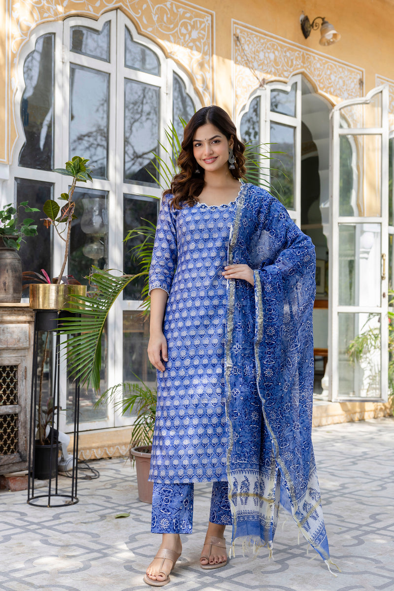 Rose Blue Embroidered Chanderi Handblock Printed Suit Set