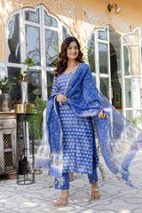 Rose Blue Embroidered Chanderi Handblock Printed Suit Set