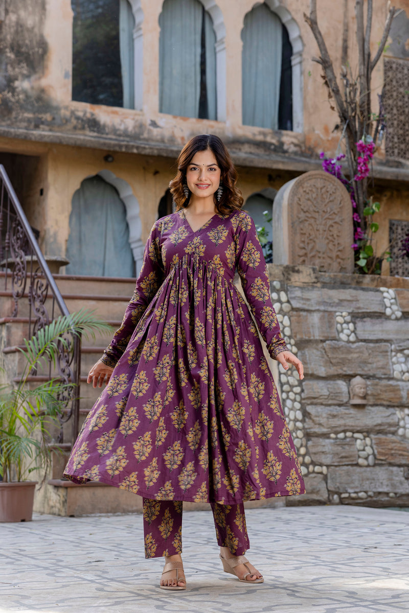 Roshni Purple Mandblock Printed Suit Set