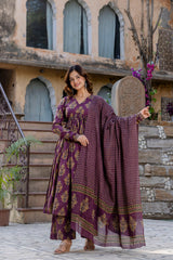 Roshni Purple Mandblock Printed Suit Set