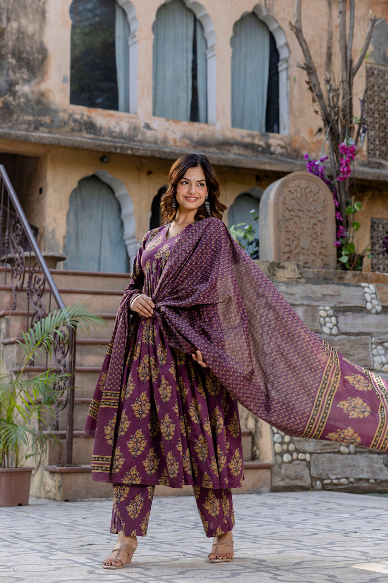 Roshni Purple Mandblock Printed Suit Set