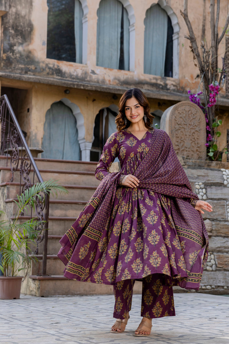 Roshni Purple Mandblock Printed Suit Set