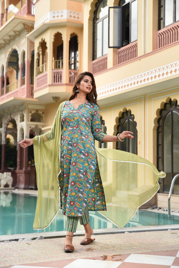 Floral Blue Green Chiffon Dupatta Suit Set (Plus Size)